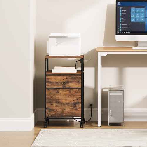 HOOBRO 2-Drawer Mobile File Cabinet, Filing Cabinet with Charging Station, Printer Stand with Open Storage Shelf, for A4/Letter Size, Home Office, Nonwovens Drawer, Rustic Brown and Black BF10UWJ01