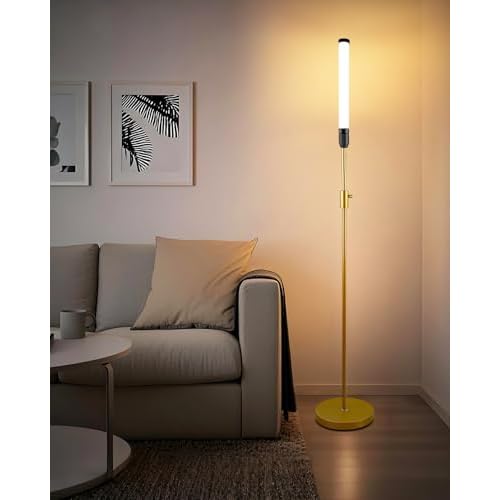 68" LED Floor Lamp for Living Room, Stepless Dimmable(10-100% Brightness) Standing Tall Lamps for Bedroom/Office, Industrial Floor Lamp, Mid Century Floor Lamps with Foot Switch-Gold