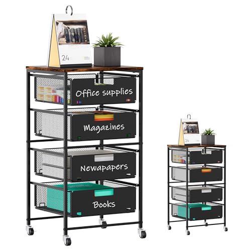 4-Drawer Storage Organizer, Under Desk Rolling File Cart with Lockable Wheels, Multi-Layer Mobile Filing Cabinet, Utility Craft Cart for Home Office,Black