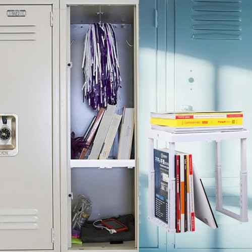 Adjustable Locker Shelf for School, Work & Gym Lockers ? Expandable Width & Height, Stackable, Magnetic Support, Durable Locker Organizer Shelf Fits Standard Lockers, White, Pack of 2