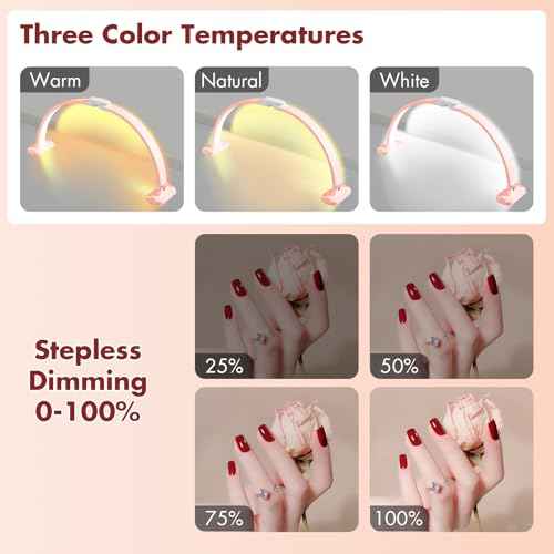 FAHKNS Half Moon Light for Nail Desk with Phone Holder, Upgraded 28-inch Foldable Half-Moon Lamp, LED Light for Manicure, Eyelash Extension, Tattooing, Craft, Pink