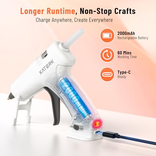 Katerk Cordless Hot Glue Gun Kit with 15 Sticks - White, 3.7V, 90s Heat