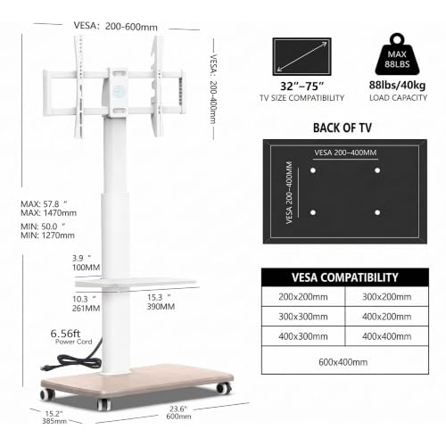 FITUEYES Rolling TV Stand with Power Outlets for 32-75 inch TVs, White (With Outlet) - Mobile TV Cart