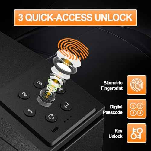 Gun Safe For Handgun, Biometric Slider Bedside Handgun Safe, Pistol Lock Case for Nightstand,Sliding Door Hand Gun Safe for Pistol -with 3 Quick Access Fingerprint, PIN Code, KEY