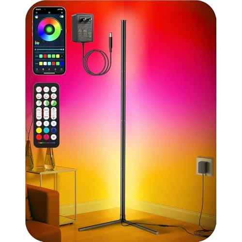 Corner Floor Lamp, Modern LED Corner Lamp with AC Adapter & APP & Remote Control, 16 Million Colors, 68+ Scene Modes, Music Sync, Ambient Lighting for Living Room, Bedroom, and Gaming Room