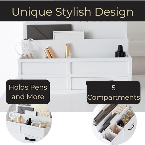 BLU MONACO White Desktop Organizer with Drawer ? Paper Wood Bill & Mail Organizer for Office Desk, Countertop & Workspace Storage