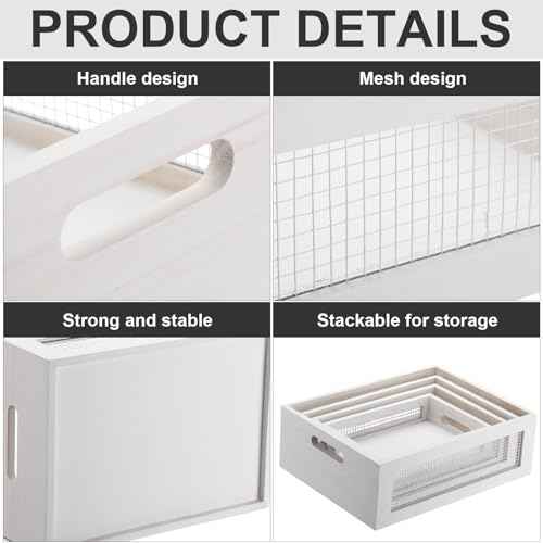 4 Pcs Wooden Nesting Countertop Baskets 4 Size Wooden Storage Box with Handle and Metal Wire Multipurpose Wood Organizer Crate for Fruit Vegetable Kitchen Cabinet Bathroom(White,Small)