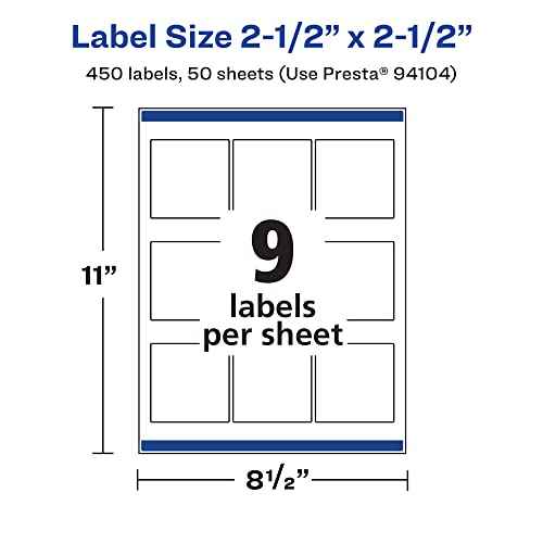 Avery Matte White Square Labels, Sure Feed Technology, 2.5" x 2.5", 450 Matte White Printable Labels