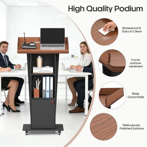 Baoz 15° Tilted Podium Stand with Cabinet & Lockable Wheels (Black-Brown) - Portable Lecture Presentations