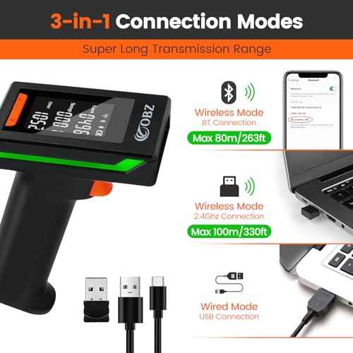 OBZ 2D Bluetooth Barcode Scanner with Large Screen, Compatible with 2.4G Wireless & Bluetooth & USB Wired, Connect Smart Phone, Tablet, PC, Wireless QR Code Scanner Work with Windows Mac iOS Android