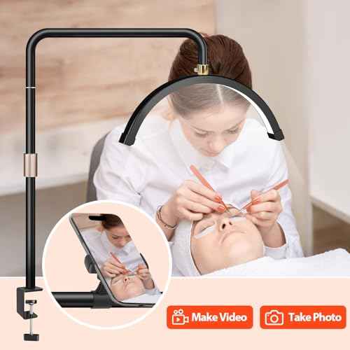 Half Moon Desk Light with Clamp, Touch Lash Lamp Nail Desk Light, Led Tattoo Light for Desk with Phone Holder, Adjustable 3 Color Lights for Lash Tech,Makeup,Photography,Reading,Work,Office (Black)