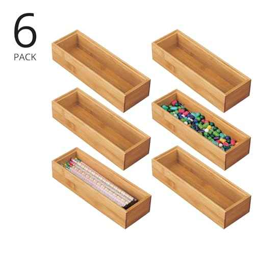 mDesign Wooden Bamboo Office Drawer Organizer Box Tray, Stackable Storage for Drawers, Cabinets, Shelves, Cubby, or Desktop, Hold Pens, Pencils, Supplies, Echo Collection, 6 Pack, Natural Wood Finish