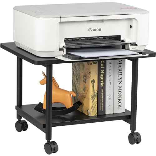Under Desk Printer Stand - 2-Tier Industrial Mobile Printer Table with Storage Shelf, Heavy Duty Wood Rolling Printer Cart with Wheels for Home and Office,Classic Black