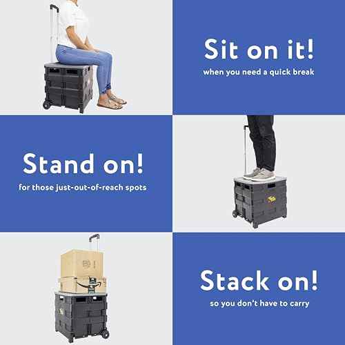 dbest products Quik Cart Collapsible Rolling Crate on Wheels for Teachers Tote Basket 80 lbs Capacity, Made from Heavy Duty Plastic and Used as a Seat, Grey