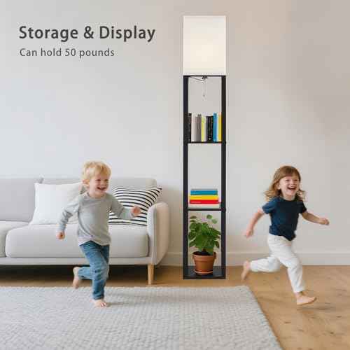 Floor Lamp with Shelves, Modern Square Shelf Lamp for Living Room, Corner Display Standing Lamp, Tall Lamp with White Shade for Bedroom, Office, Home Decor (Black)