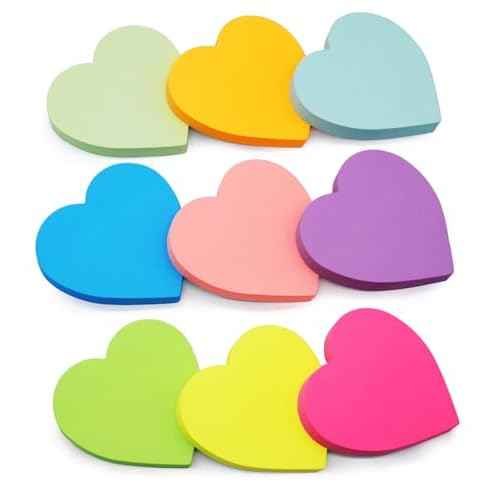 9 Pads Heart Sticky Notes, 3x3 in, 82 Sheets/Pad, Cute Bright Color Heart Shaped Sticky Notes Strong Adhesive Post, Clean Removal