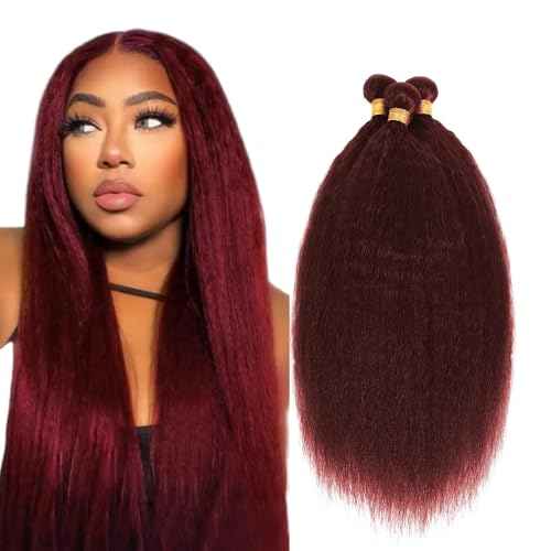 #99J Burgundy Bundles Human Hair Yaki Straight Bundles 18 18 18 Inch Wine Red Kinky Straight Bundle Unprocessed Brazilian Virgin Weave Hair 3 Bundle 50 Gram Per Bundle