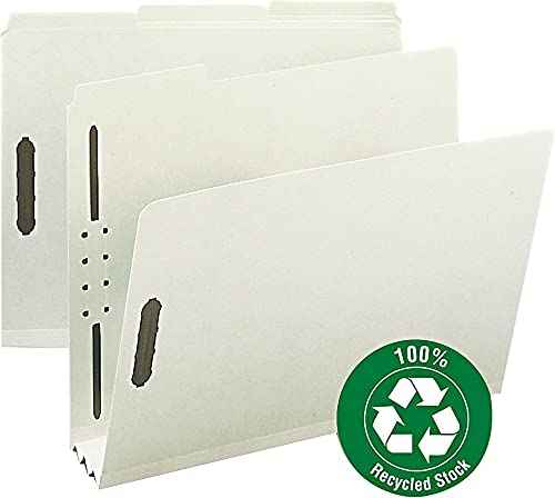 Smead 100% Recycled Pressboard Fastener File Folder, 2 Fasteners, 1/3-Cut Tab, 3" Expansion, Letter Size, Gray/Green, 25 per Box (15005)