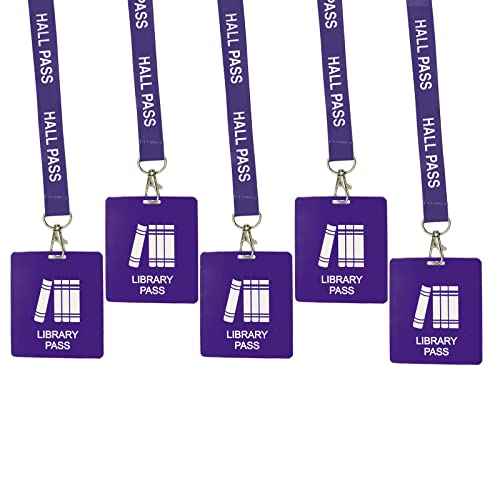 Hall Pass Lanyards with Card Passes,Unbreakable School Classroom Passes Set for Teacher Parents (Hall Bathroom Library Office & Nurse),5 Pcs (Library)