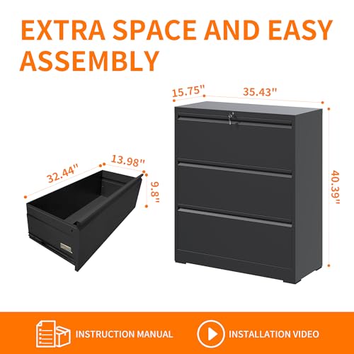 OPTYMIRA 3-Drawer Locking Lateral File Cabinet, Black, 40.4" H