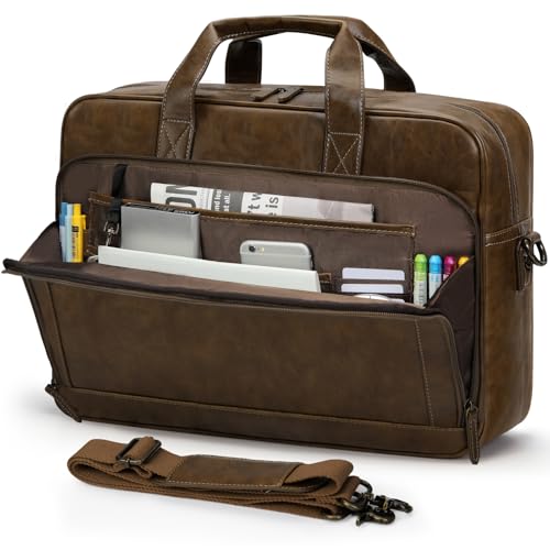 RAINSMORE Mens Laptop Bag 16 Inch Leather Briefcase Vintage Messenger Bag for Men Large Crossbody Shoulder Office Computer Bag Retro College Satchel Bag for Work, Business,Travel, Brown