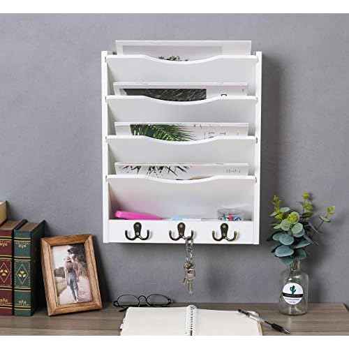 PAG 5-Tier Wall File Holder Hanging Mail Organizer Wood Magazine Literature Rack with 6 Hooks, White