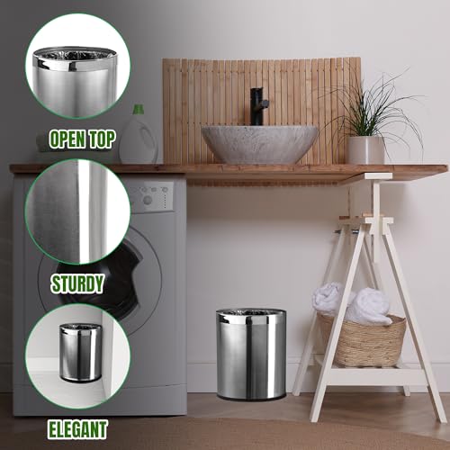 Small Office Trash Can, Open Top Small Wastebasket Bin, Stainless Steel Garbage Can, 'Invisi-Overlap' Metal Decorative Waste Basket for Powder Room, Vanity, Bathroom, Home, Modern