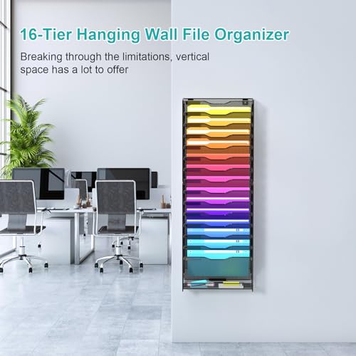 Wall File Organizer, 16-Tier Mesh File Holder, Vertical Document Rack For Home, School, and Office Use (Black)