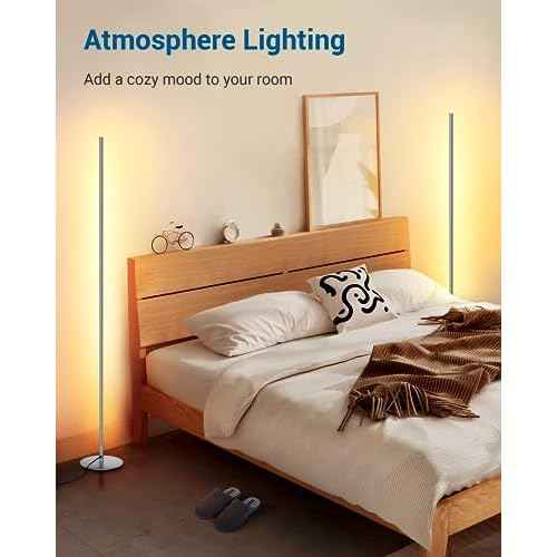 DEWENWILS Floor lamp, 1100Lumen Modern Dimmable Corner Floor Lamp with 3000K Warm Light & Foot Switch, 57.5" Tall Standing Lamp for Living Room, Bedroom, Silver