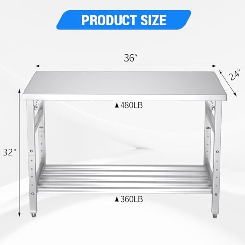 Mioleu 36 x 24 Inch Commercial Foldable Stainless Steel Table with Adjustable Undershelf & Feet