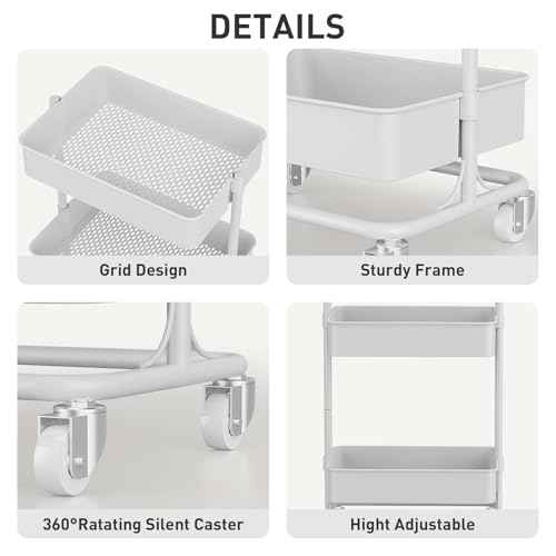 3-Tier Adjustable Rolling Cart with Dual-Column Frame, Tool-Free Assembly Metal Utility Cart, Customizable Storage Organizer for Kitchen Bathroom Office Heavy Duty 120lbs Capacity - White