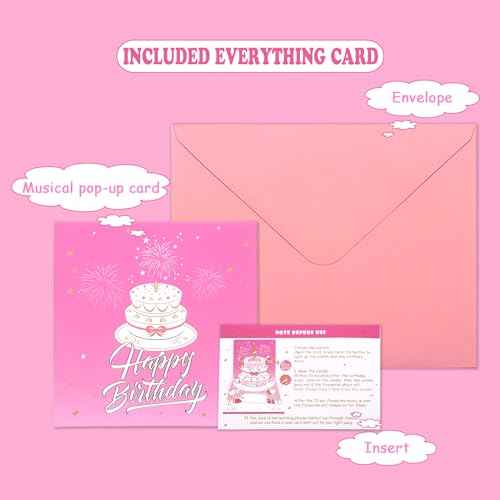 Musical Birthday Cards with Light and Music, Blowable, 3D Birthday Popup Cards for Men & Women? Plays Hit Song 'HAPPY Birthday' (pink)