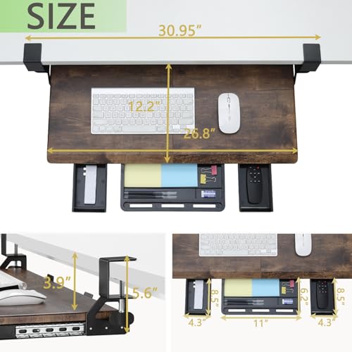 ETHU Keyboard Tray Under Desk, Pull Out Keyboard & Mouse Tray with C-clamp, Ergonomic Desk Keyboard Tray Slide Out, Pull Out Platform Drawer for Home and Office(Wood)
