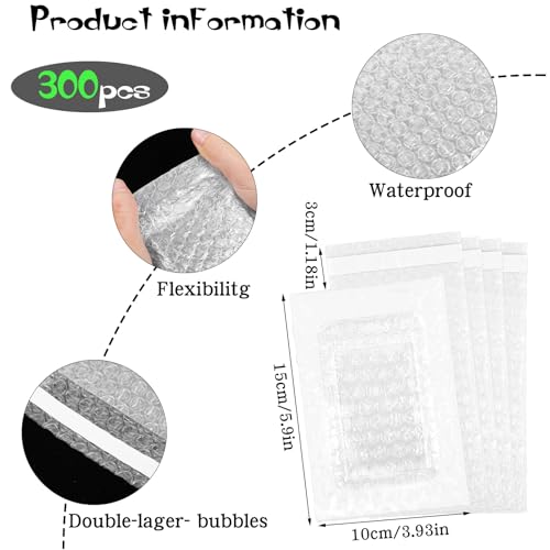 DIVINA VITAE 300Pcs 4 x 6 Inch Self-Sealing Bubble Wrap Bags Double Wall Transparent Pouches