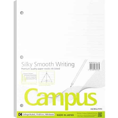 Kokuyo Campus Loose Leaf Paper for 3 Ring Binders, 8-1/4"x11¡±, College Ruled Notebook Paper, 100 Sheets, 70 GSM Japanese Smooth Paper Prevents Ink Bleeding, School Suppliers.Japan Import(WSG-NO-887G1)