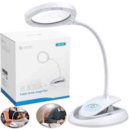 eSynic Magnifying Glass with Light and Stand USB-C Rechargeable 5X &10X 110mm Large Len 15 LEDs 3 Brightness Levels Flexible Desktop Magnifier Lamp with Clamp & Base for Reading Crafts Jewelry Repair