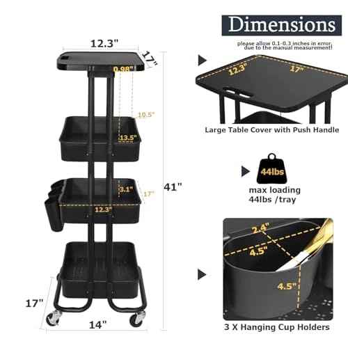 4 Tier Rolling Storage Cart with Table Top Metal Utility Cart on Wheels, School Offices Supplies Organzier with Plastic Tray, Lockable Casters Crafts Carts for Bathroom, Classroom, Kitchen(Black)