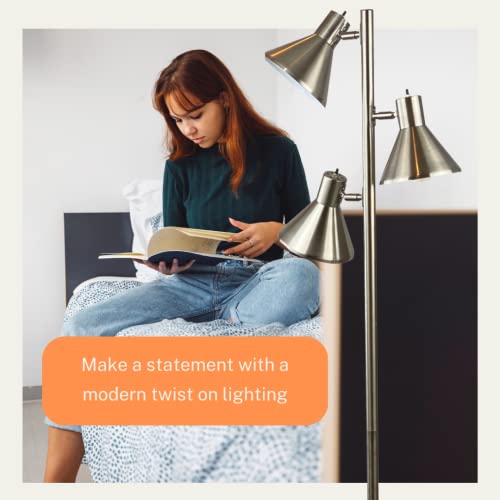 LIGHTACCENTS Tree Floor Lamp, Brushed Nickel - Modern Pole Lamp with 3 Adjustable Reading Lights - 64 inch Stand Lamp for Living Room, Bedroom, Dorm Room