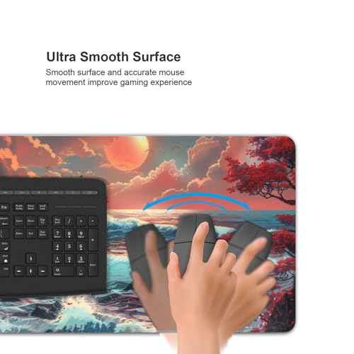 Japanese Desk Mat - 48 x 24 Inches - Sea Wave Extended Big Mouse Pad Large,XXXL Gaming Mouse Pad Desk Pad with 3mm Non-Slip Base and Stitched Edge for Home Office Work,Fantasy Artwork Style
