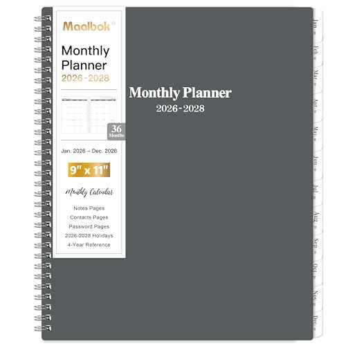 2026-2028 Monthly Planner/Calendar - January 2026 - December 2028, 3 Year Months Planner 2026-2028, 9'' x 11'', 36 Monthly Tabs, 2-Side Pocket, Gray