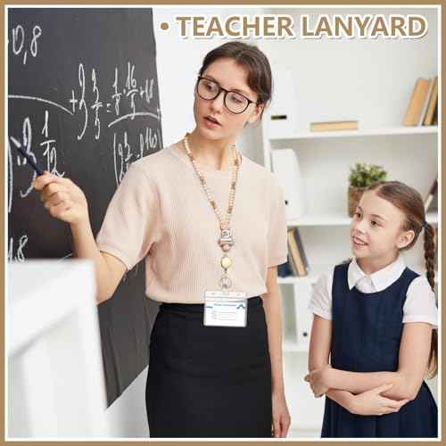 Teacher Lanyard with Id Holder, Retractable Lanyards for Id Badges Keys, Cute Natural Wooden Beaded Lanyard for Women