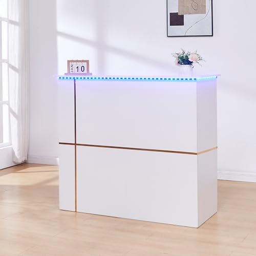 50-Inch Modern Reception Desk with Lockable Drawer, Keyboard Tray, Built-In Power, LED Lights