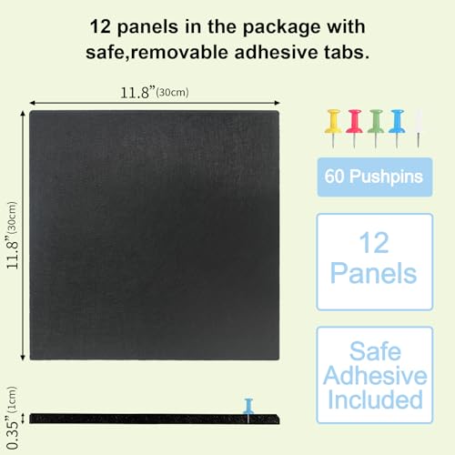 Large Cork Board Felt Wall Tiles, 47"x35" 12 Pack Felt Bulletin Board Pin Board with 48 Safe Removable Adhesive Tabs, 60 Push Pins, Alternative Cork Board for Walls Home Office