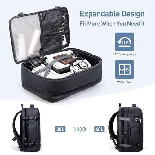 SHOWKOO Travel Backpack For Man Women, Airline Approved Carry On Laptop Backpack For Business, 40L Expandable Large Capacity Backpack, Black