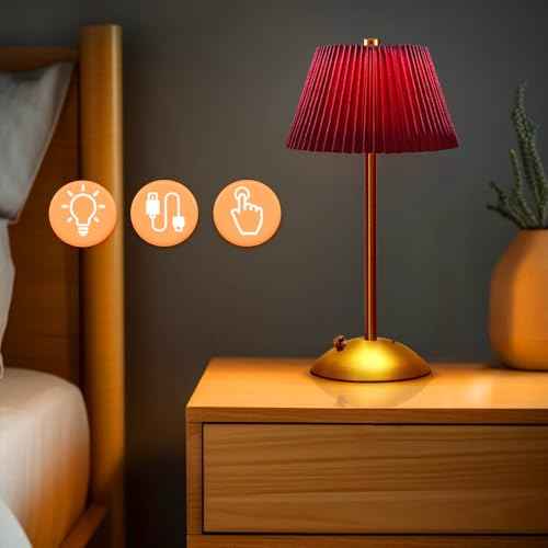 Cordless Metal Desk Lamp,Touch Sensor Control LED Table Lamp,3 Way Dimmable Nightstand Lamp with Fabric Shade Desk Lamp for Living Room (Red)