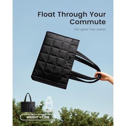 LOVEVOOK Tote Bag for Women, Puffer Work Handbag 15.6 Inch Laptop Purse for Nurse Teacher, Large Quilted Travel Tote Shoulder Bag with Zipper for College Office Clinical Gym, Black