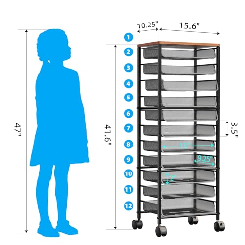 Simple Trending 12 Tier Rolling File Cart,Wood Desk File Organizer with Sliding Trays and Wetal Mesh Paper Letter Storage Multi-Functional Rolling Clutter Cart for Office, Home, School, Black