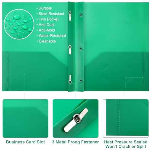 Cholemy 36 Pcs Plastic Pocket Folders with Prong 2 Heavy Duty Pockets Folders with 3 Prongs Letter Size Paper Folders Bulk File Plastic Folders with Fasteners for Office Workers (Green)