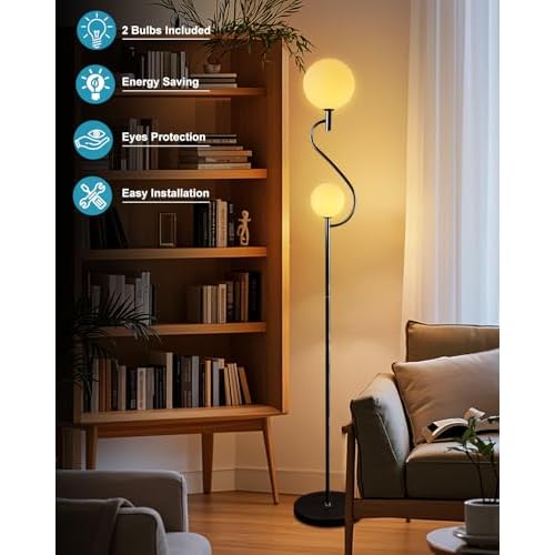 Lightdot 63 Inch Globe Floor Lamp, Mid Century Black Standing Lamps with 2 Globe Soft Warm White Eye Care 3000K Bulbs Included, Modern Tall Lamp for Living Room Bedroom