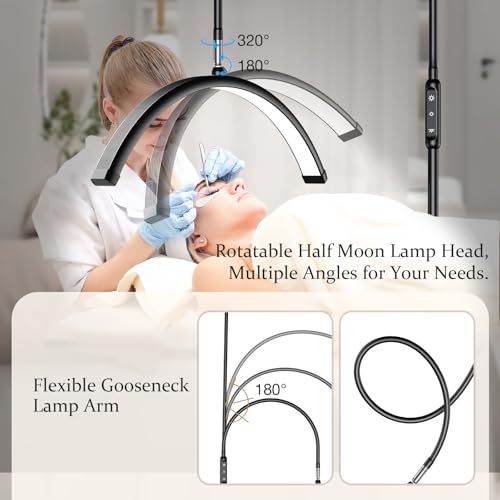 Lash Light, 23-Inch Half Moon Light for Eyelash Tech, Nail Tech, Tattoo Artist, and Estheticians, Flexible Gooseneck LED Moon Lash Lamp, Adjustable Brightness and Height, with Tool Tray (Black)